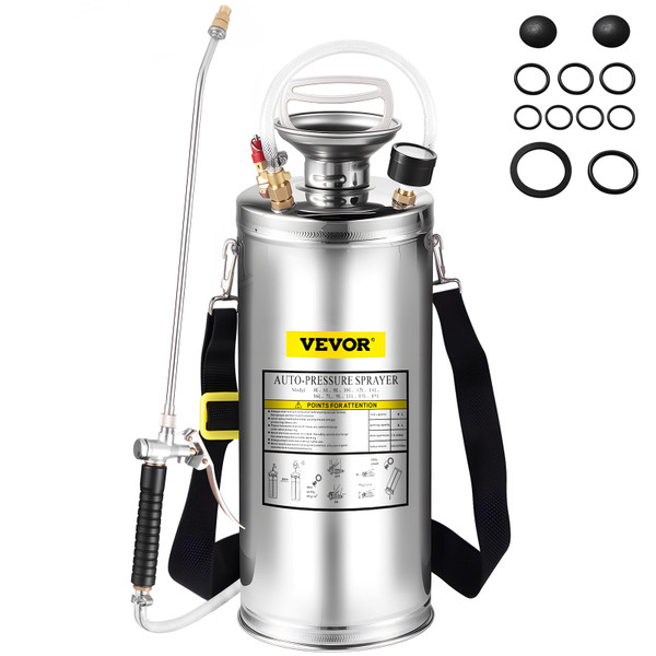 Happybuy 2 Gallon Stainless Steel Sprayer, 20" Wand & 3FT Reinforced Hose, Hand Pump Sprayer with Pressure Gauge, Safety Valve & Adjustable Nozzle, Weed Sprayers for Lawn, Gardening &Sanitizing1