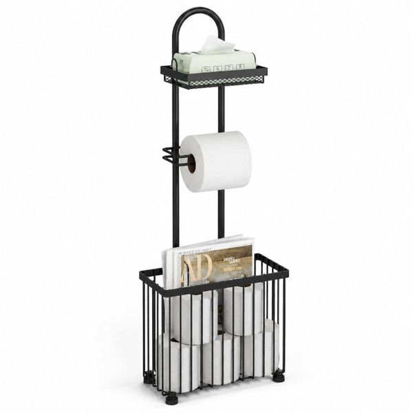X-cosrack Freestanding Toilet Paper Holder Toilet Tissue Rack Scroll Stand Roll Dispenser with Storage Shelf Reserve for Phone Tablet Magazine Bathroom Organizer Bath Tissue Organizer (Black)