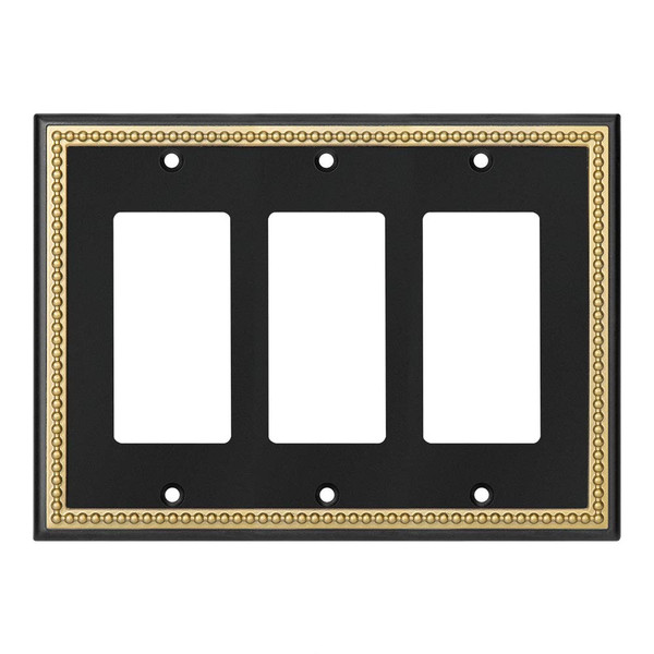 Pearled Frame Decorative Wall Plate Switch Plate Outlet Cover (Triple Decorator, Black & Dark Golden)
