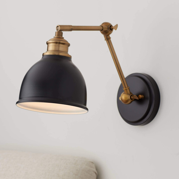 Sania Black Brass Adjustable Swing Arm Hardwire Wall Lamp Light Fixture