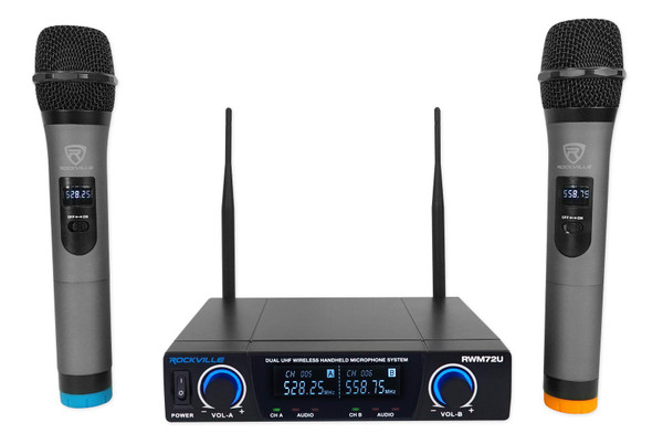 Rockville RWM72U Dual UHF Wireless Handheld Microphone System, LCD Display