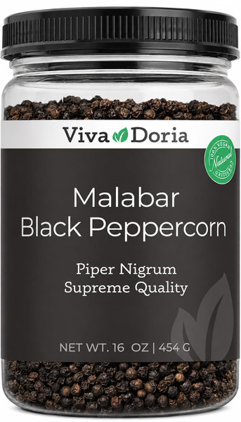 Viva Doria Malabar Peppercorn, Whole Black Pepper, Black Peppercorns For Grinder Refill, 16 oz (1 Pound)
