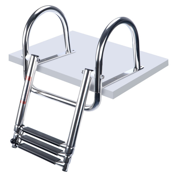 Marinebaby 3 Steps Pontoon Boat Ladder, Stainless Steel Folding Telescoping Rear Entry Inboard Ladder Heavy Duty Custom Swim Deck Ladder with Pedal Hand Railing Ladder