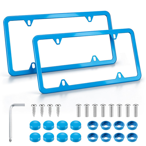 LivTee 4 Holes Stainless Steel License Plate Frames, 2 PCS Car Licence Plate Covers, Automotive Exterior Accessories Slim Design with Bolts Washer Caps for US Vehicles, Blue