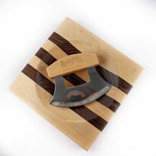 Lehman's ULU Knife and Chopping Bowl, Curved Stainless Steel Rocker Knife Chops and Minces Salad, Vegetables and Herbs, Comes with Hardwood Chopping Bowl Cutting Board