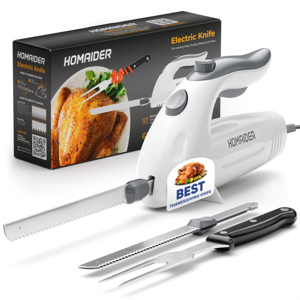 Homaider Electric Knife for Meat Slicing 2 Blades, Carving Fork & 6 Ft Cord