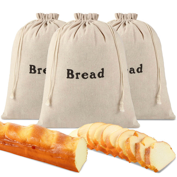 Woanger 3 Pieces Linen Bread Bags Burlap Reusable Drawstring Bread Bags 12 x 15 Inch Unbleached Loaves Pastries Pouch Handmade Food Storage for Bakery Picnic Wedding Wrapping Camping Supplies