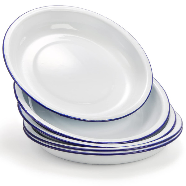 Dicunoy Set of 5 Enamel Plates, 9.5" Unbreakable Enamelware Dinner Serving Platter Trays, Retro White Round Shallow Bowls with Blue Rim for Pasta, Salad, Camping, Outdoor, Picnic, BBQ