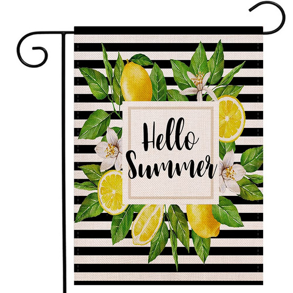 Watercolor Stripes Hello Summer Lemon Wreath Garden Flag Vertical Double Sided,Seasonal Summer Lemon Yard Outdoor Decoration 12.5 x 18 Inch