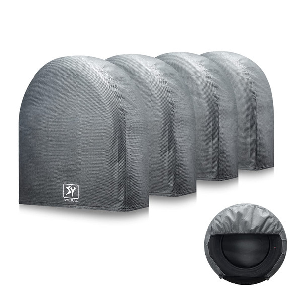 SYERAL Tire Covers Set of 4,Upgraded 5 Layer Nonwoven RV Wheel Covers, Waterproof Anti-UV Snow Sun Rain Tire Protectors Covers for Trailer,Camper,RV,Truck,SUV,27-29inch(M) Gray