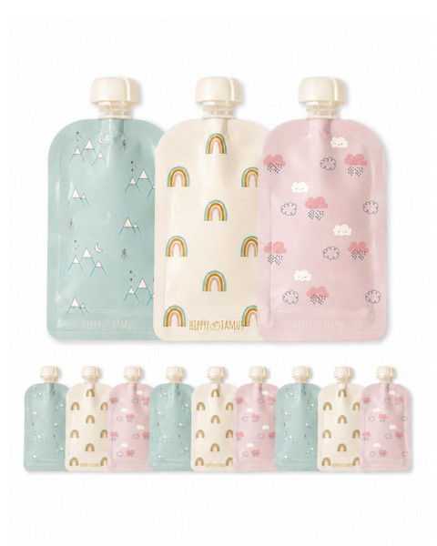 Hippypotamus Reusable Baby Food Pouches for Toddlers | 12-Pack 5oz | Dishwasher-Safe | BPA Free | Refillable Squeeze Pouch For Applesauce & Yogurt (Rainbows)