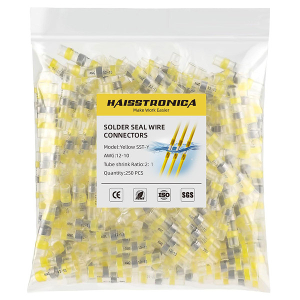 haisstronica 250PCS Solder Seal Wire Connectors, AWG 12-10 Yellow Sleeves