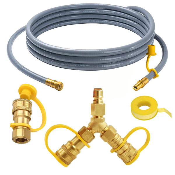 MENSI 10FT Propane Y Splitter Adapter with 3/8" Quick Connect Natural Gas Connection Hose and 3/8" Female Flare Fittings