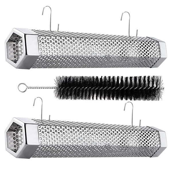 Smoker Tube - 2 Pack 12 inches Stainless Steel BBQ Wood Pellet Tube Smoker for Grills or Smokers, 2x Smoke Tubes with 4 S Shape Hooks and 1 Cleaning Brush