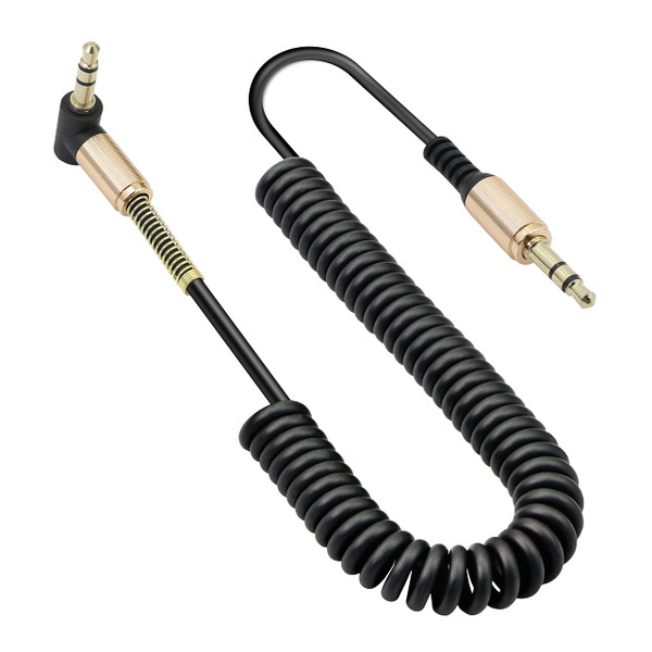 GELRHONR 3.5mm Audio Coiled Cable, Right Angle 3.5mm Male to Male Stereo TRS Cable for Car Stereo, Smartphone, Tablet, MP3 Player (Black)