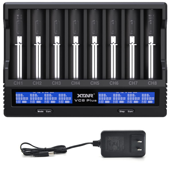 8 bays 21700 18650 Battery Charger XTAR New VC8 Plus 21700 Smart Charger with LCD Display,1A*8 Fast Charger for 3.6V 3.7V Li-ion 10440 18700 26650 1.2V Ni-MH AA AAA C Full Set with DC 12V 3A Adapter