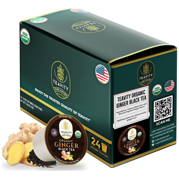 Teavity Organic Ginger Black Tea Pods, 24 Count, K-Cup Compatible