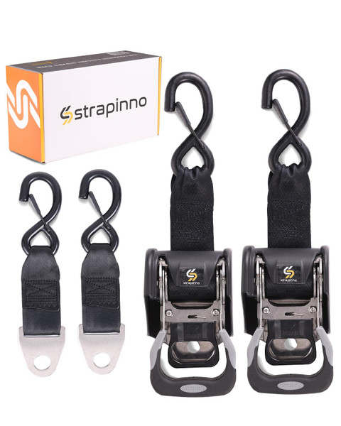 Strapinno 2PCS Stainless Steel Retractable Ratchet Straps (1 7/8 in x 4 ft) Heavy Duty Transom Tie-Downs with Extension Straps, Bolt Set & Safety Latch S-Hooks,for Boat,Break Strength 1,650LBS/750KG