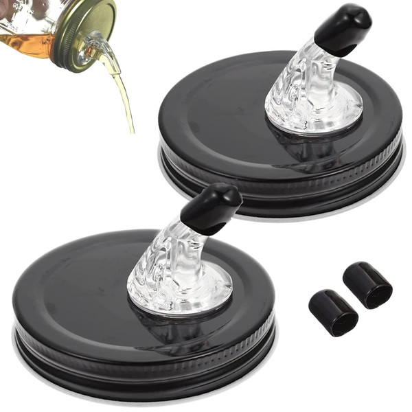 Mason Jar Pour Spouts,Free Flow Pouring Dispenser for Moonshine Whisky Pouring Lids,fit 2.75 Inch Regular Mouth Mason Jar,Dust Proof Cover,No Flap,Black QurHapzy(2Pack)