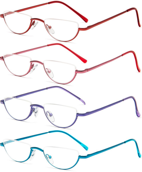 REAVEE 4 Pack Half Lens Reading Glasses for Women Retro Designer Alloy Spring Hinge Metal Frame Half Moon Readers with Pouch, Red Pink Blue Purple 2.75