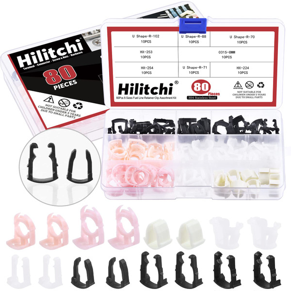 Hilitchi 80Pcs 8 Sizes Fuel Line Retaining Clip Assortment Kit, 3/8" 5/16" Retainer Clips Compatible with Ford GM Automotive Replacement Fuel Lines