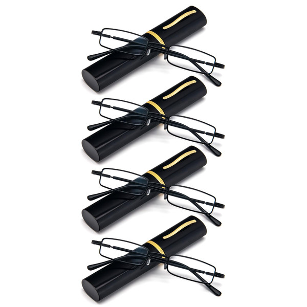 REAVEE 4 Pair Slim Pen Reading Glasses Tube Reader Glasses Men Women Small Readers Spring Hinged Eyeglasses with Portable Clip Case, Black 2.5