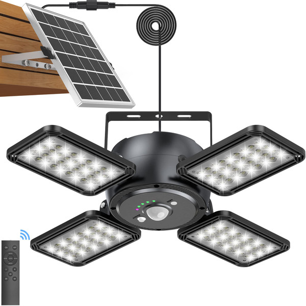 Solar Pendant Light Outdoor Indoor, 4 Heads Shed Light with Remote & Sensor