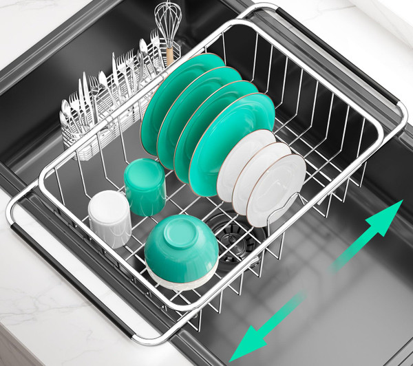 SwetLao Large Sink Dish Drying Rack, Expandable 304 Stainless Steel Metal Dish Drainer Rack Organizer Shelves with Stainless Steel Utensil Holder Over Inside Sink, Rustproof