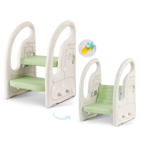 Onasti Toddler Step Stool for Bathroom Sink, Adjustable 2 Step Stop for Kids with Handles, Toilet Stool Potty Training, Plastic Ladder Toddler Helper Stool for Bedroom Kitchen Counter Green White