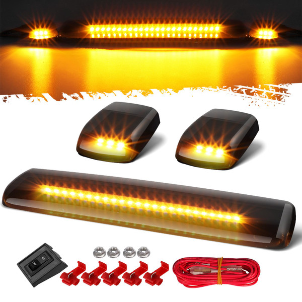 Partsam 3Pcs Smoked Lens Amber Cab Marker Lights Replacement for Silverado/Sierra 1500 2500 3500 2015 2016 2017 2018 2019 Amber 30 LED Cab Roof Top Clearance Marker Running Lights Lamps w/Wiring Pack