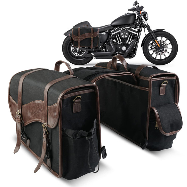 NICECNC Motorcycle Saddle Bags, Vintage Oil Waxed Canvas Saddlebags Motorcycle Panniers Side Throw Over Saddle Bags Compatible with Harley Honda Suzuki Yamaha Adventure Street Glide Brown