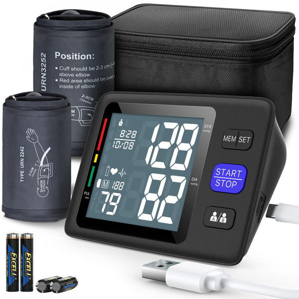 Blood Pressure Machine Upper Arm, 2 Size Cuffs M/L and XL, Medium/Large 9"-17" and Extra Large XL 13"-21", Accurate Automatic Digital BP Monitor, Large Backlit LCD, 2-User 1000 Memories