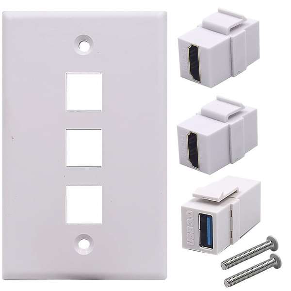 Kework 3 Ports Wall Plate, 2 Ports HDMI 4k + 1 Port USB3.0 Outlet Socket Wall Plate, HDMI & USB 3.0 Female to Female Keystone Jack Module Wall Plate