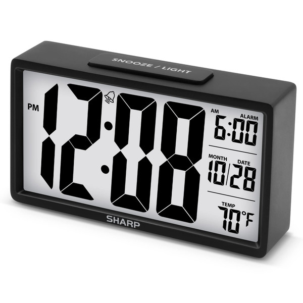 Sharp Battery Alarm Clock with Jumbo Display, Temperature and Nightlight