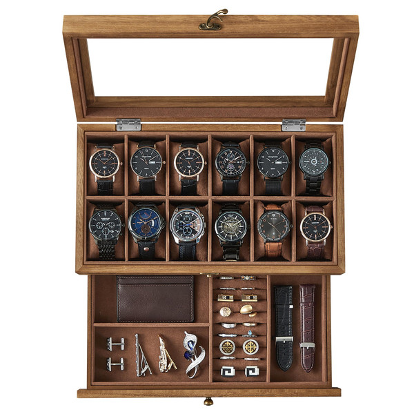 SONGMICS 12-Slot Wooden Watch Box, Display Case with Large Glass Lid