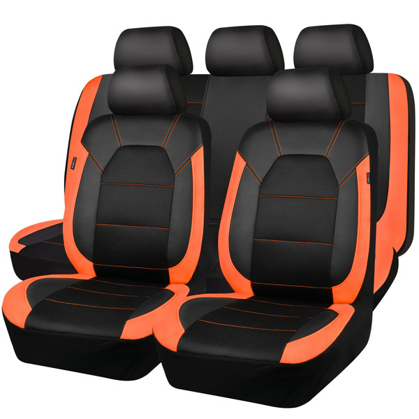 CAR PASS Leather Seat Covers, Breathable Universal Car Seat Cover Full Set for Cute Women Girly,5mm Composite Sponge Inside,Airbag Compatible Fits Most Auto,SUVs,Trucks,Vans(Full Set,Black&Orange)