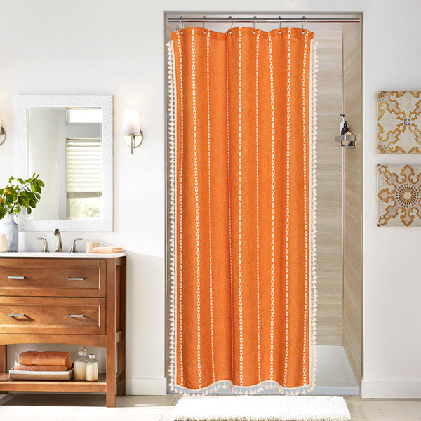 Farmhouse Tassel Linen Shower Curtain,3D Embroidery Stripe Orange,36x72