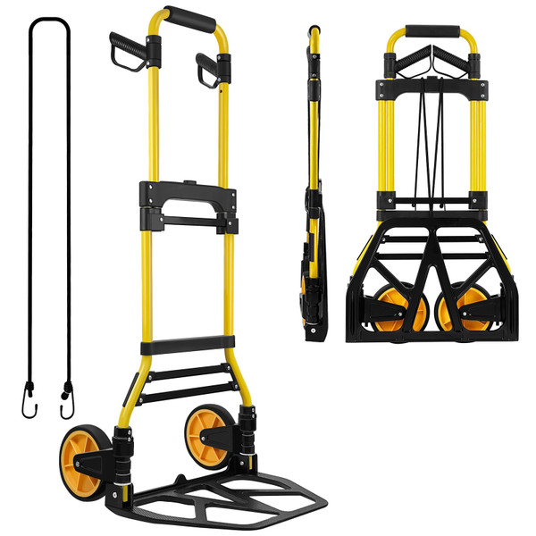 Folding Hand Truck and Dolly, 440lbs Capacity Portable Luggage Dolly Cart with Rubber Wheels and Retractable Handle, Aluminum Foldable Hand Cart for Transportation/Luggage/Mobile/Travel/Office Use
