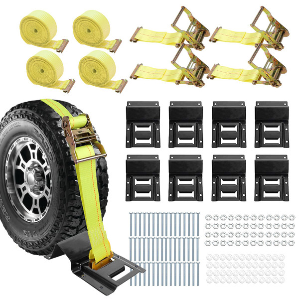 Allucky 1500LBS Wheel Chock Tie Down Kit for Trailer & Pickup Trucks - ATV, RZR, Lawn Mower, UTV Tie Down Straps -Heavy Duty Trailer Tire Straps System(4-Wheel Set)