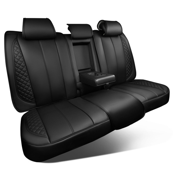 CAR PASS Waterproof Leather Back Seat Covers, Nappa PU Leather Rear Seat Bench Cushioned Breathable Back Row Protector Universal Fit for Car Sedan SUV Pickup Truck, Backseat Rear (Black)