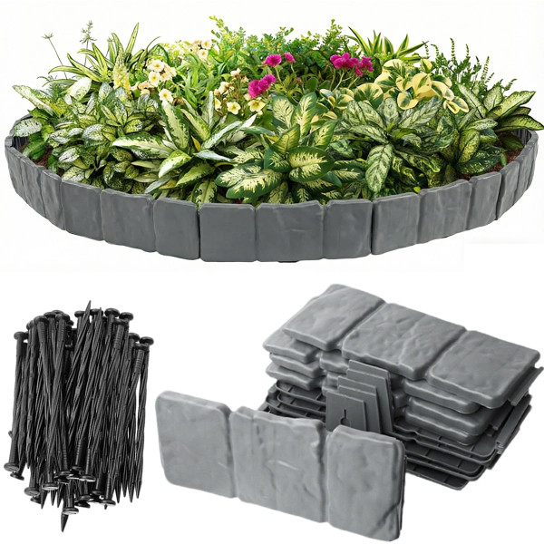 Landscape Edging 30pcs, 4IN Tall Plastic Garden Edging Borders Kits (Total 24FT), Garden Mini Fences with 30pcs Stakes, Stone-Like Textured Small Garden Fence for Flowerbeds, Yard, Pathway, Greystone