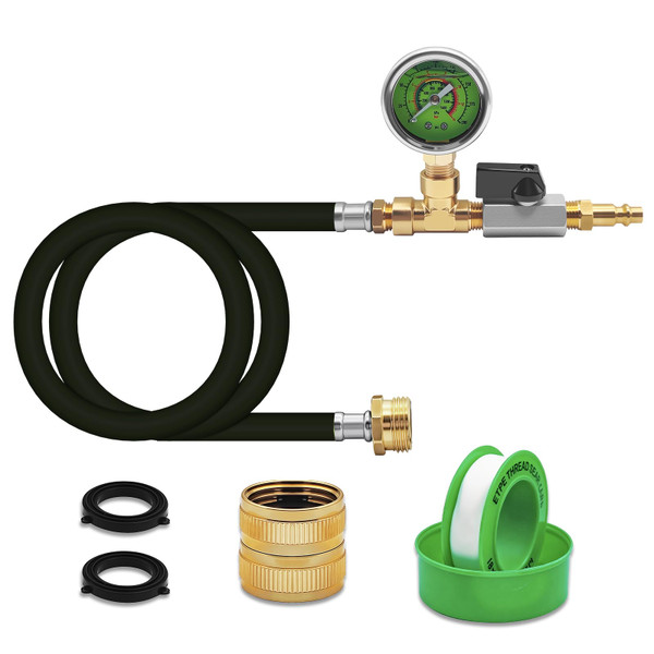 RV Winterizing Kit with Pressure Gauge, 60inch RV Winterize Hose with 3/4" GHT Blow Out Fitting Adaptor & 1/4" Quick Connect Plug, Sprinkler Winterization for RV, Camper, Boat, Travel Trailer, Black