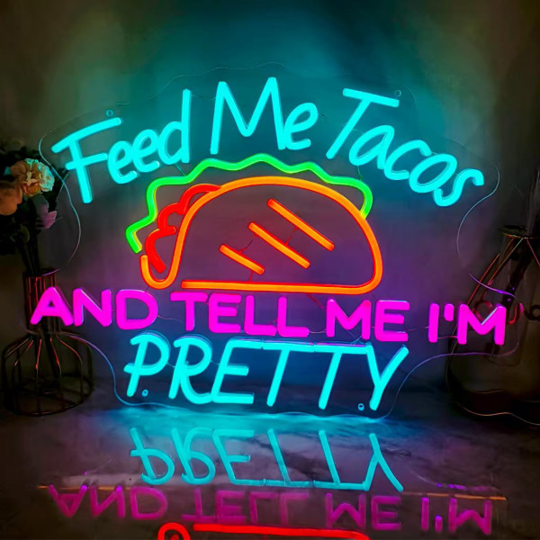 21x15 Inch Large Feed Me Tacos and Tell Me I'm Pretty Neon Sign, Tacos Open LED Neon Lights Signs with Remote Dimmer, Dimmable Mexican Food Lights Up for Dining Room, Coffee, Beauty Bar
