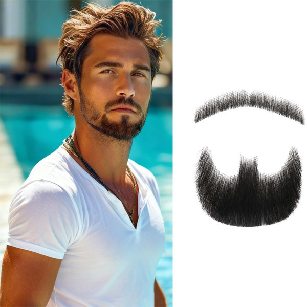 Human Hair Fake Beard & Mustache Set – Full Hand Tied Goatee for Men(Black)
