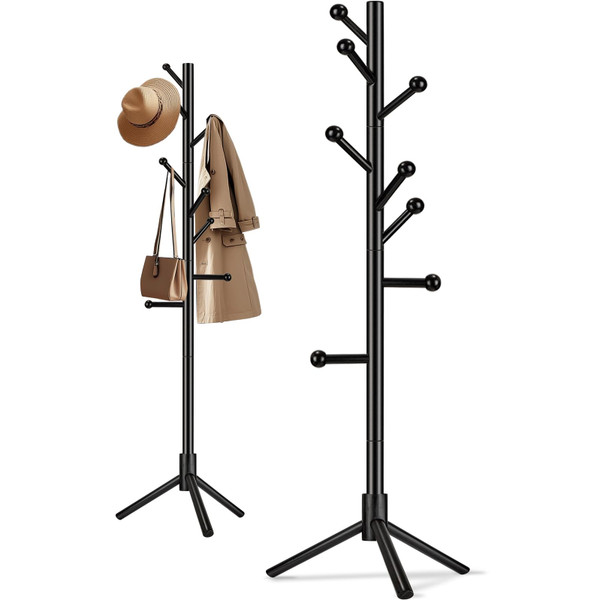 Arborus Wooden Coat Rack Freestanding, Adjustable Height Solid Wood Clothes Stand with 8 Ball-End Hooks, Stable Tripod Base, 5.7FT Floor Coat Tree for Entryway Bedroom Office, Black
