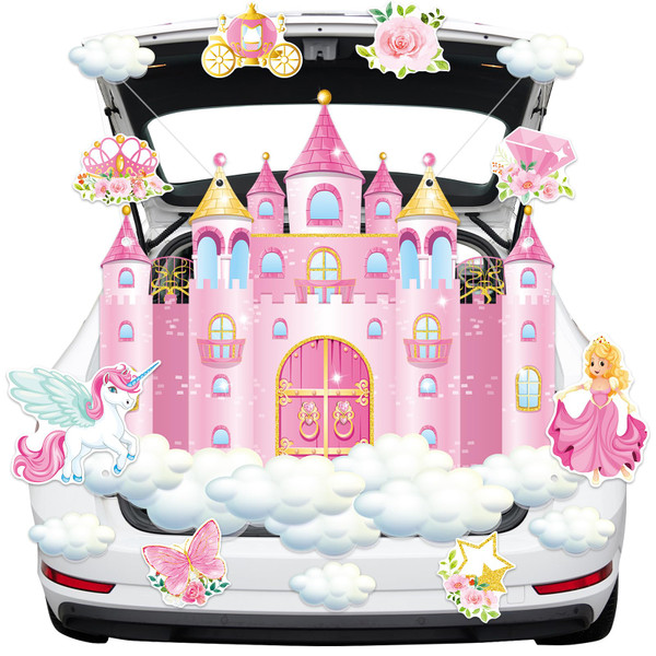 Halloween Trunk or Treat Car Decorations Kits Princess Party Decoration Supplies for Girls Pink Castle Backdrop Halloween Princess Trunk or Treat Decoration for SUV Garage Door Birthday Party Decor
