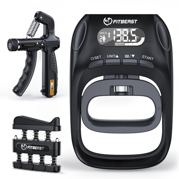 FitBeast Grip Strength Trainer Kit, Digital Grip Strength Tester with Adjustable Hand Gripper Strengthener & Finger Exerciser, Track Progress for Fitness, Rehab & Strength Building (Advanced 3-in-1 Kit)