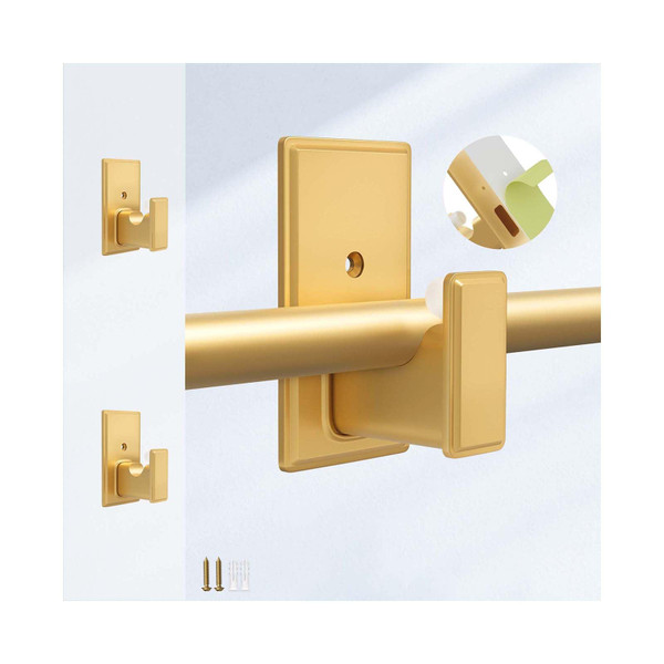TKZTKZ No Drilling Curtain Rod Brackets:Self Adhesive Curtain Rod Holders for Rod 5/8" No Nail,Easy Peel and Stick Curtain Rod Hooks No Drill for Bathroom, Livingroom, Kitchen,Dorm,Door(Gold,2PCS)