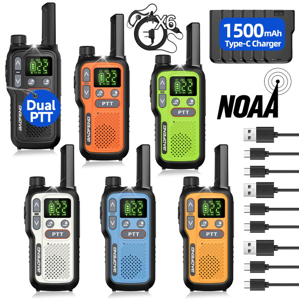 Walkie Talkies 6 Pack Long Range for Adults, Rechargeable FRS Cruise Walkie Talkies with Earpiece, Portable NOAA Emergency 2 Way Radios with 1500mAh, Flashlight, USB-C Charger for Family Camping