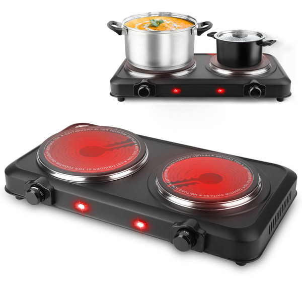 TeqHome Countertop Infrared Double Burner, 1800W Electric Hot Plate with 7.5" Ceramic Glass Cooktop, Stepless Temperature Adjustable & Heat-up In Seconds for Home Dorm, Compatible with All Cookware